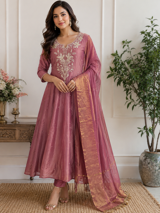 Pink super elegant handwork tissue anarkali kurta set