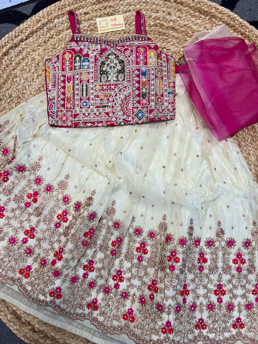 Girls Pink and off white heavy work lehenga choli dupatta