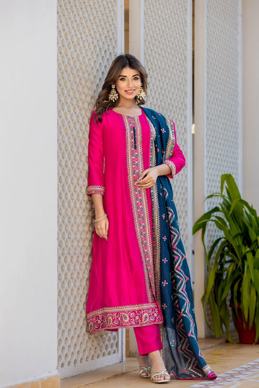 Hot pink and teal heavy embroidered front slit kurta set