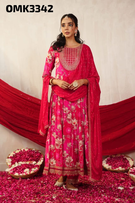 Hot pink floral pure chinnon silk anarkali kurta set