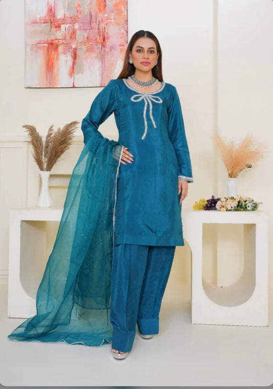 Teal pure viscose flowy farshi salwar suit with adda work