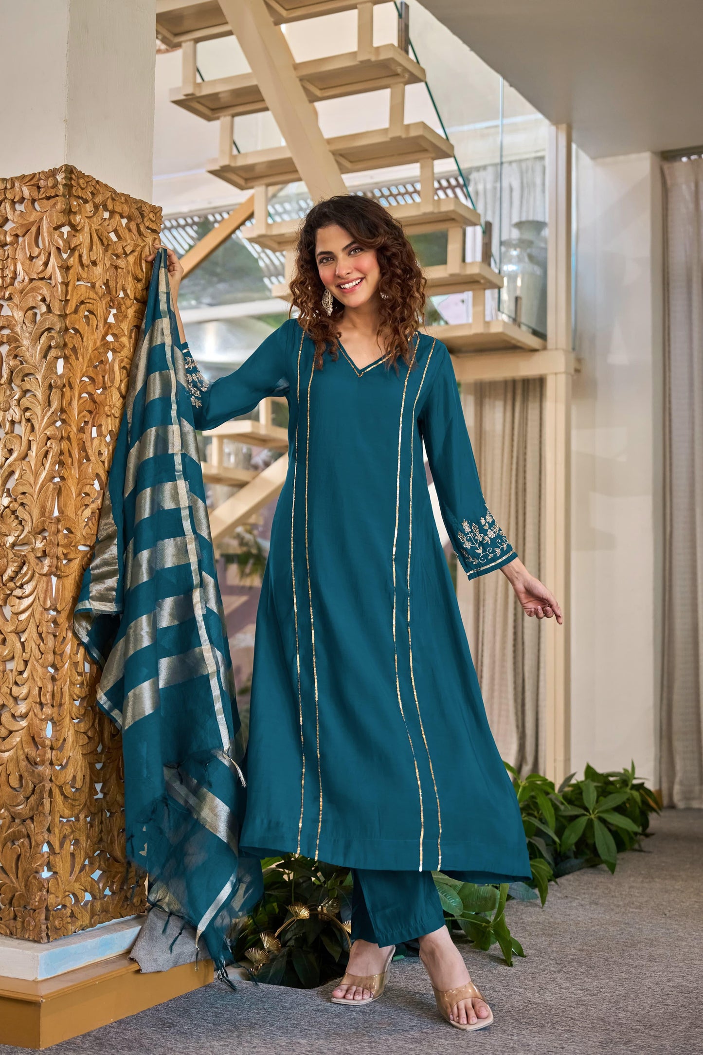 Teal pure mul chanderi handwork suit with tissue dupatta