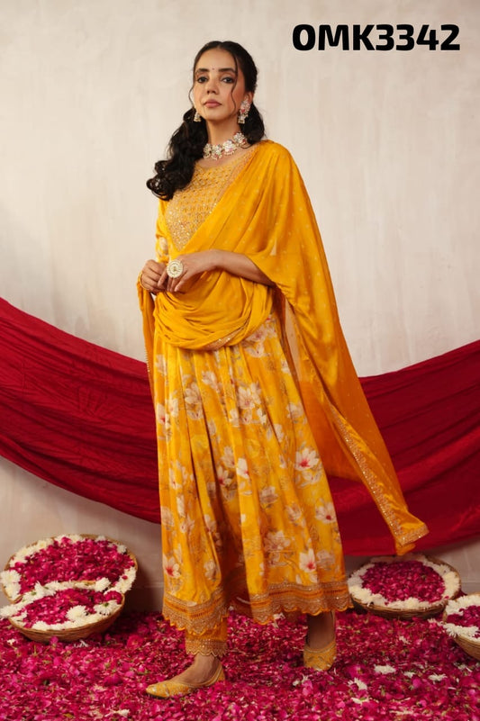 Yellow floral real mirror work anarkali kurta set