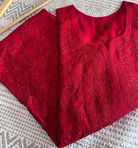 Red pure viscose premium chikankari kurti with lining