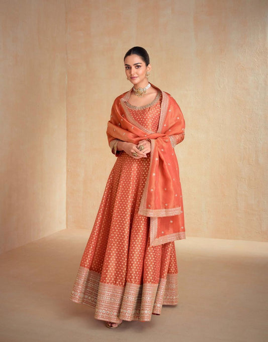 Orange banarasi jacquard long anakali gown set