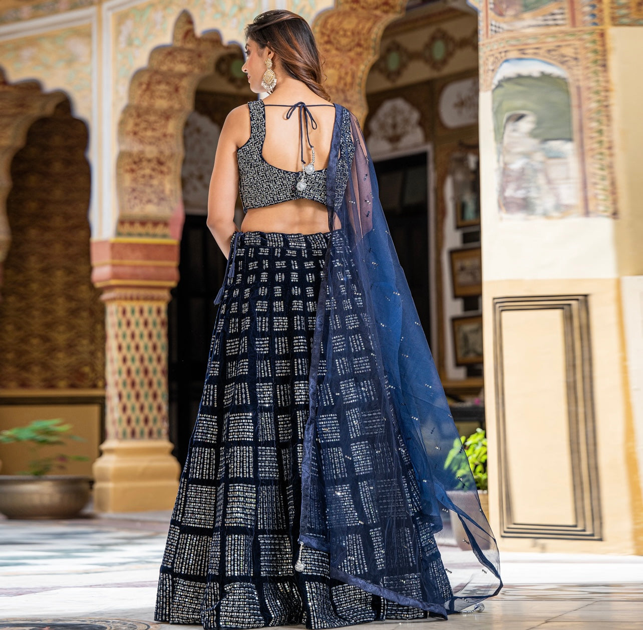 Navy Blue velvet lehenga choli