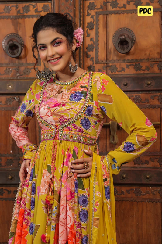 Yellow heavy work angrakha anarkali kurta set