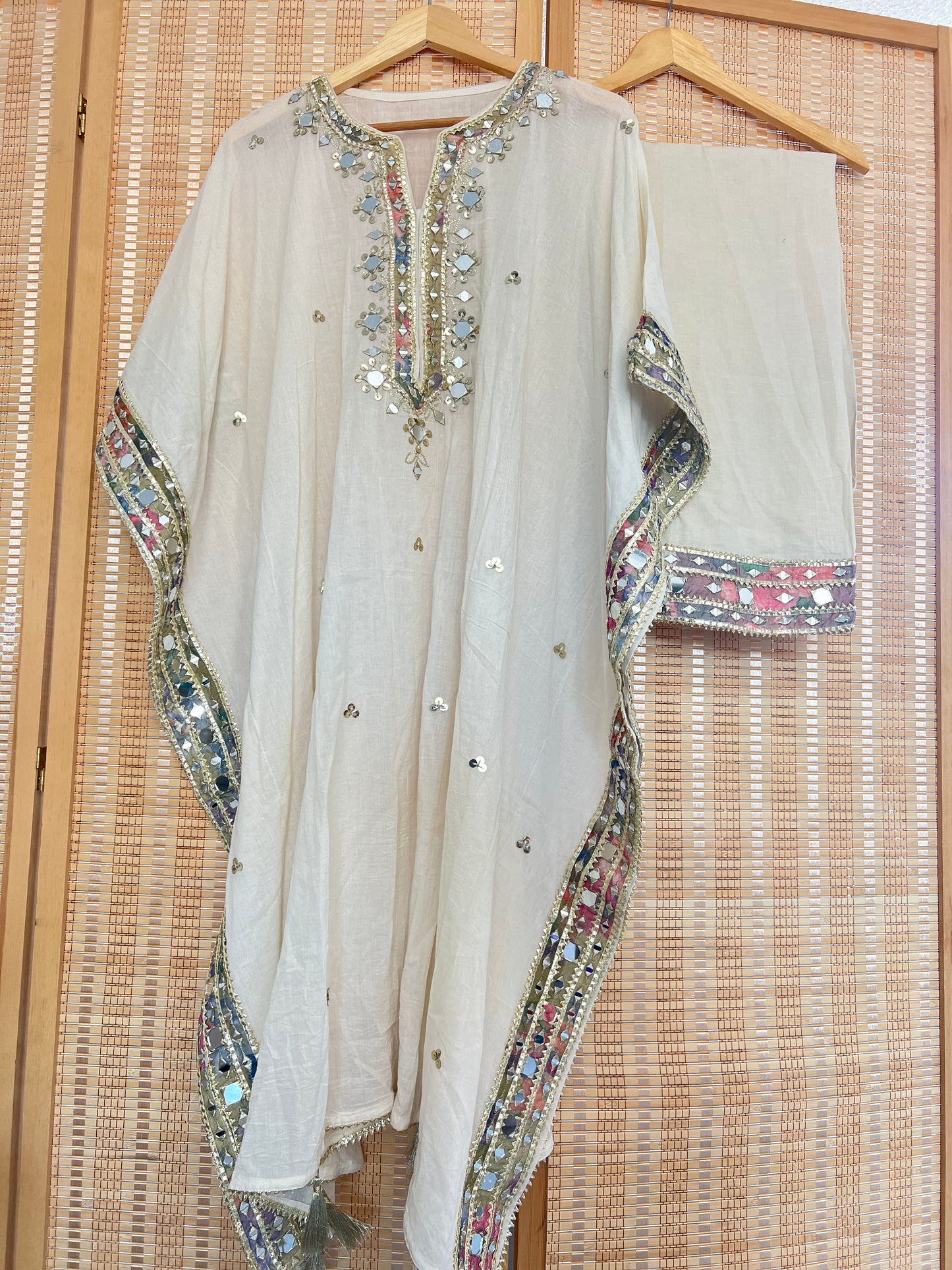 Off white heavy real mirror work kaftan set