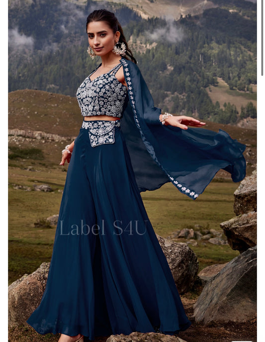 Navy Blue heavy handwork crop top palazzo and shrug indo western outfit