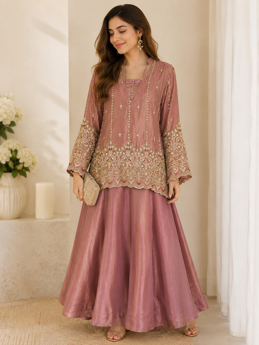 Onion pink tissue heavy handwork bustier style co-ord set
