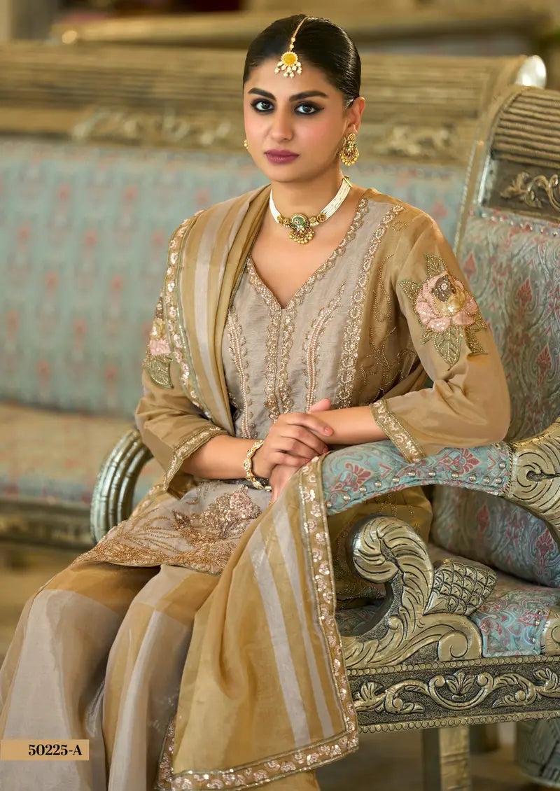 Gold stunning kanjivaram silk handwork sharara suit