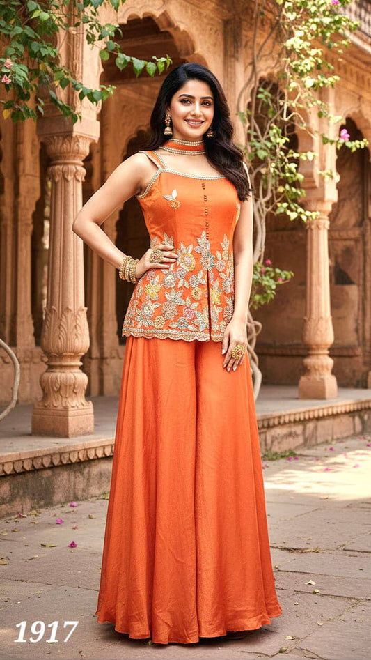 Orange rust heavy handwork sleeveless sharara suit