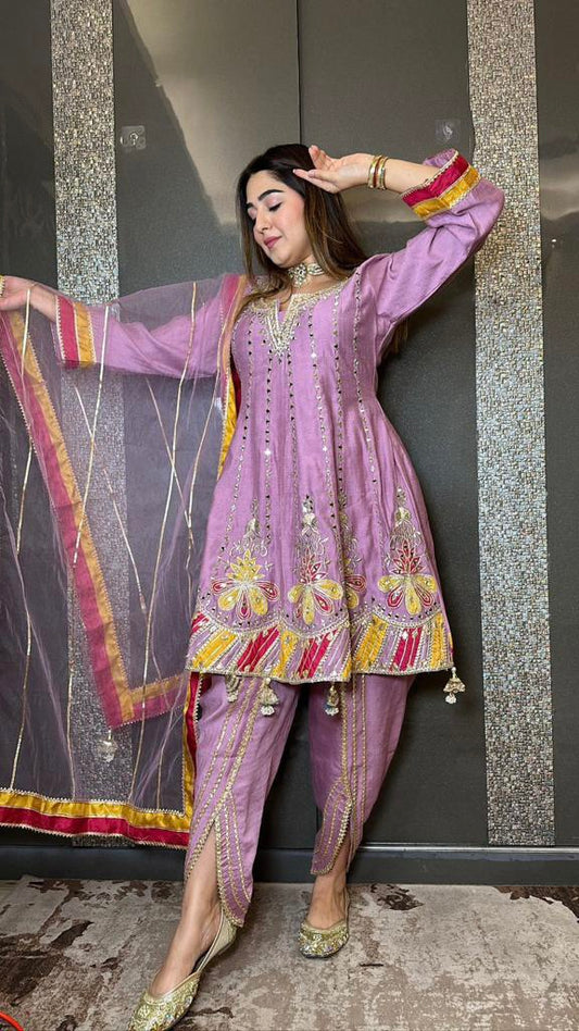 Lavender heavy gota and mirror and handwork suit with tulip pants
