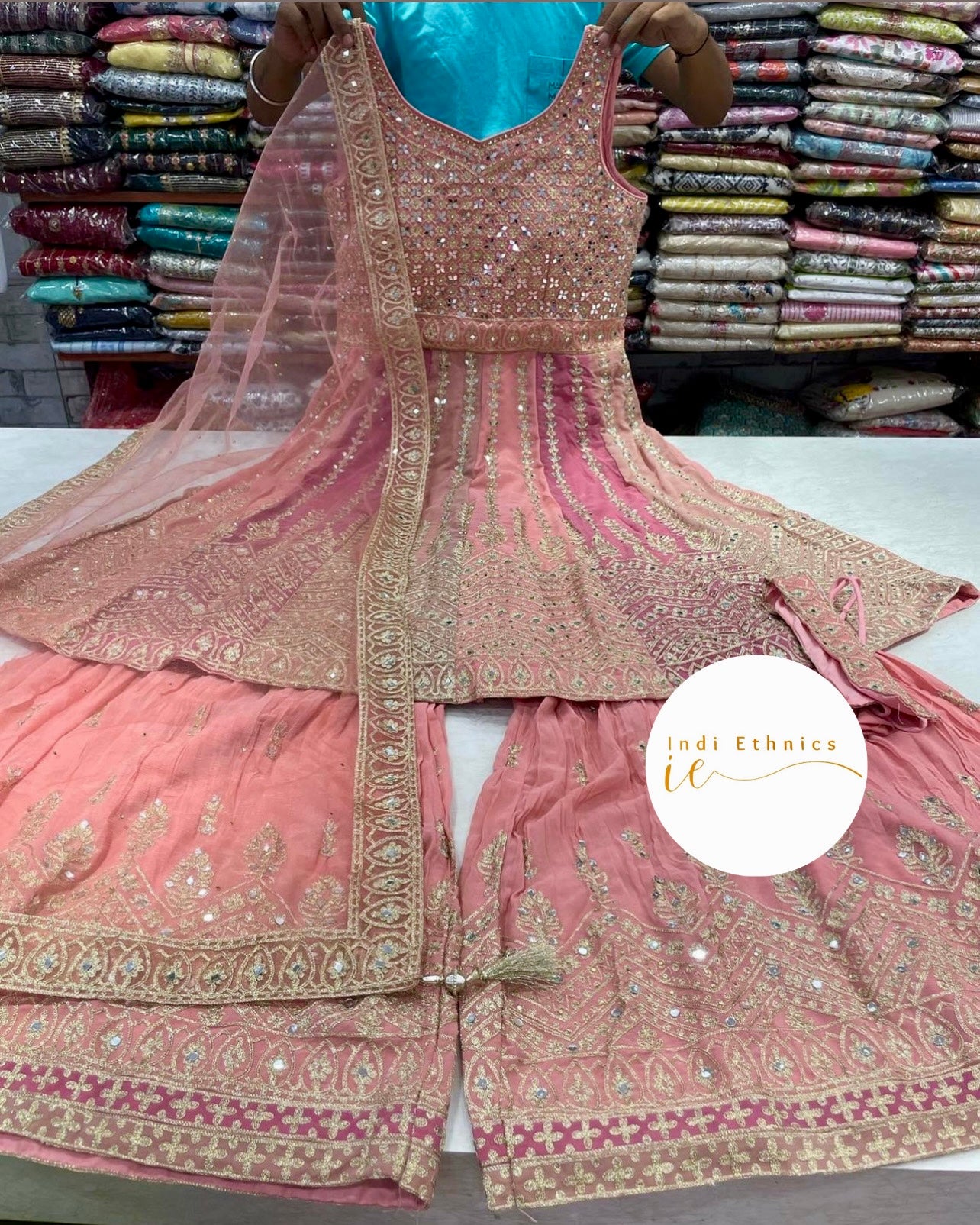 Pink Heavy mirror work formal sharara suit