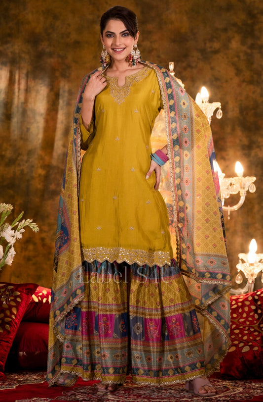 Mustard chinnon no beautifully crafted sharara set