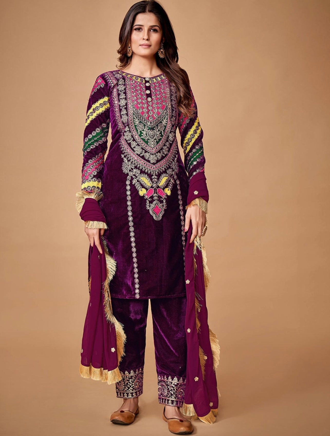 Regal Maroon Heavy embroidered and sequence work Velvet Kurta set