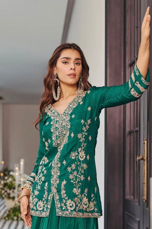 Emerald green heavy handwork indo western