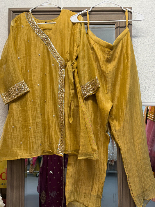 Yellowish Gold elegant sequin work angrakha style tissue co-ord set