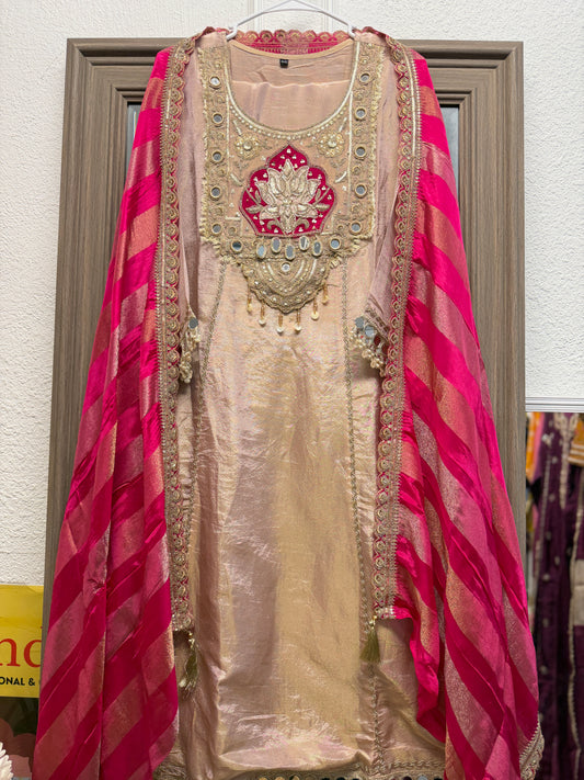 Light pink pure soft shimmer tissue mirror work A line kurta set with hot pink dupatta