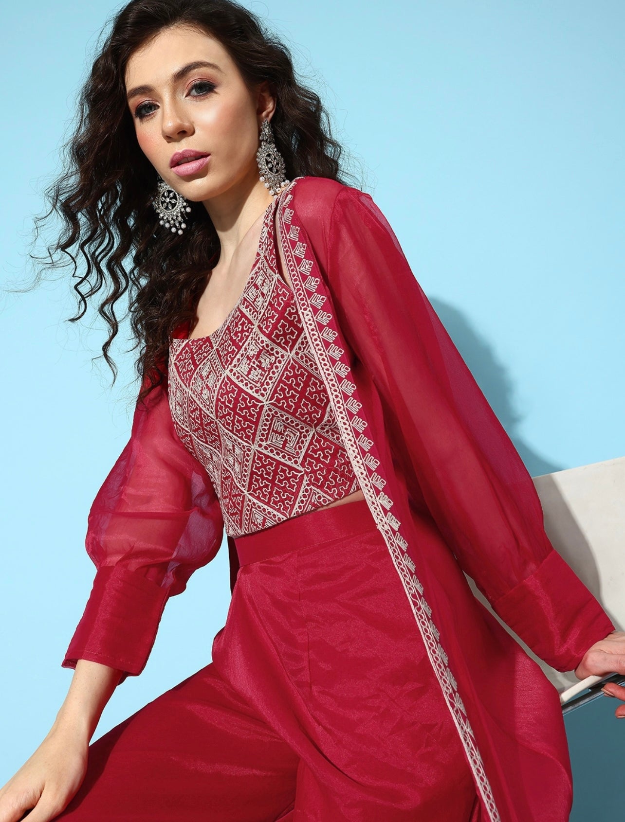 Maroon elegant Embroidered crop top palazzo and shrug
