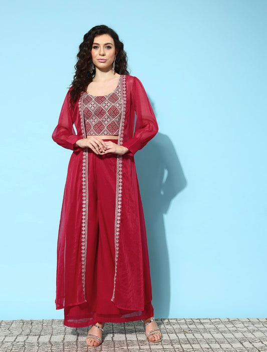 Maroon red elegant Embroidered crop top palazzo and shrug