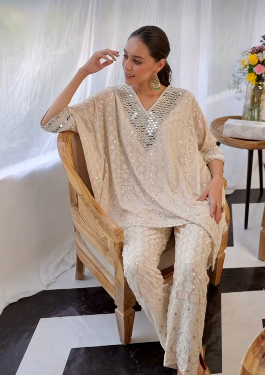 Off White chikankari Heavy Mirror kaftan co-ord set