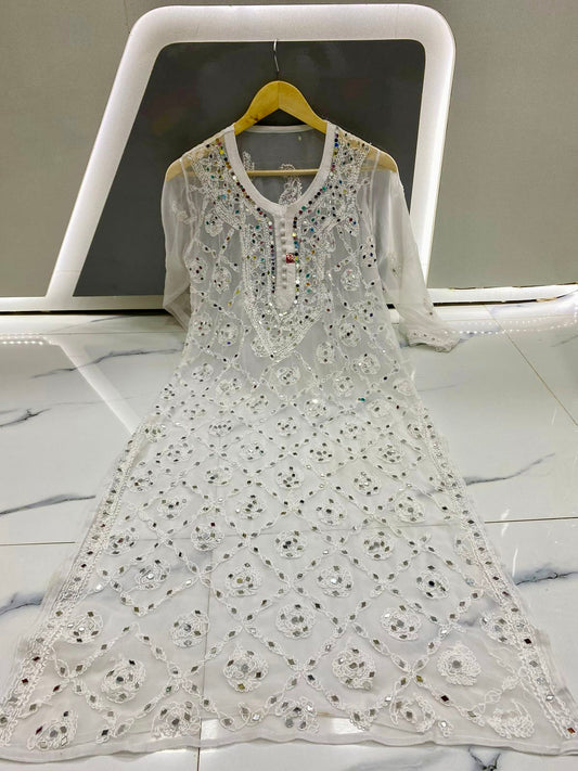 White Lucknowi Heavy mirror kurti with lining