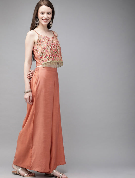 Peach Floral Embroidered Top with Palazzo and Shrug set