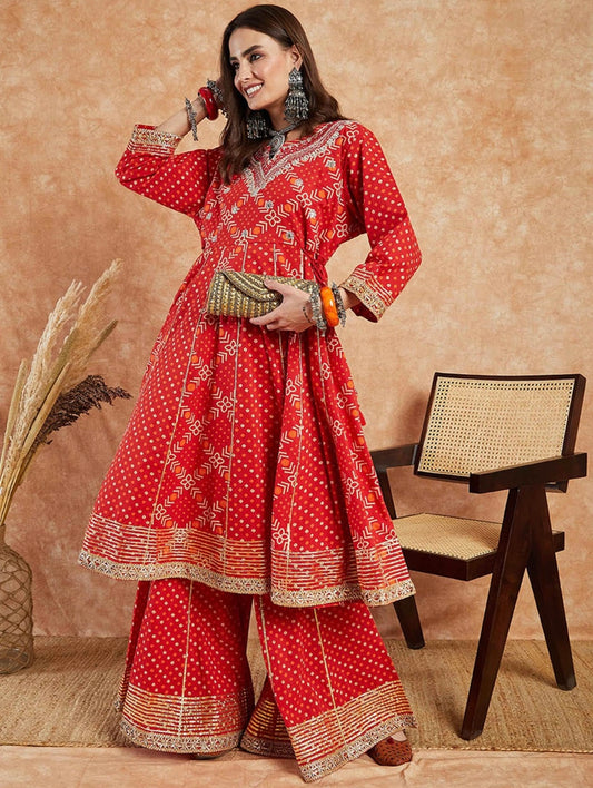 Red bandhni print Heavy gota work flared kurta Palazzo set