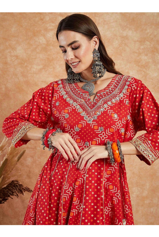 Red bandhni print Heavy gota work flared kurta Palazzo set