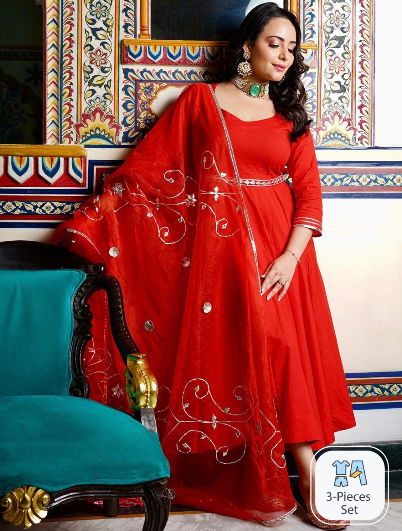 Red classy Anarkali with heavy gota work dupatta