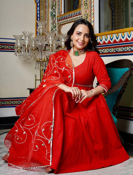 Red classy Anarkali with heavy gota work dupatta