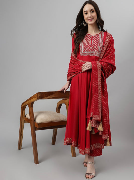 Red Rayon sequin yoke kurta set