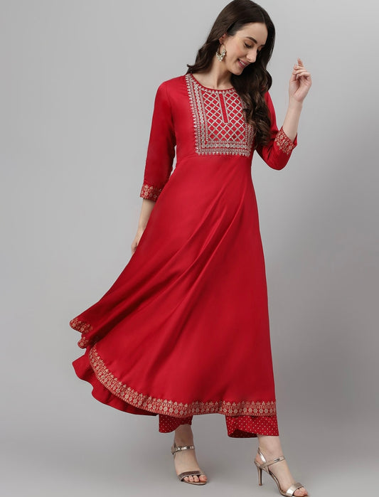 Red Rayon sequin yoke kurta set