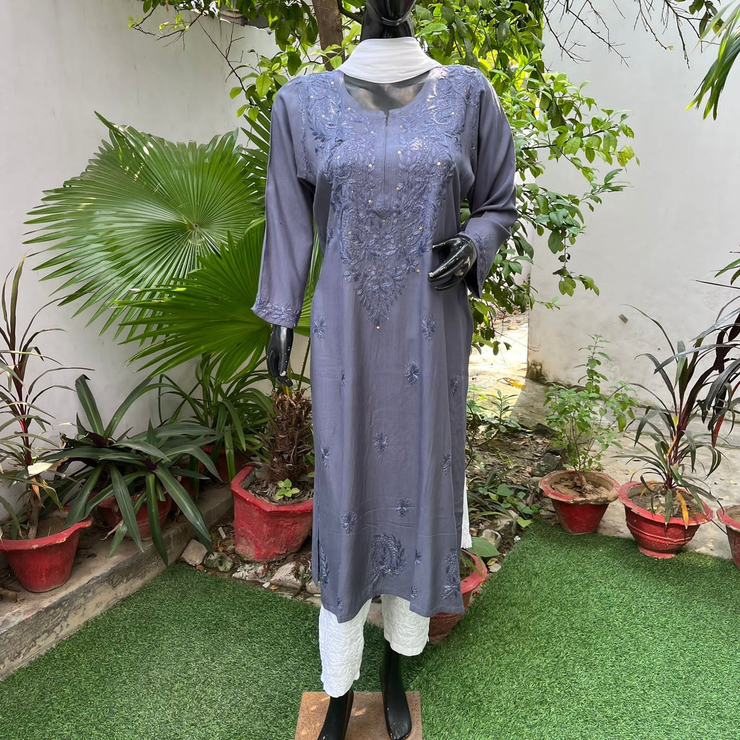 Grey Modal fabric lucknowi kurti