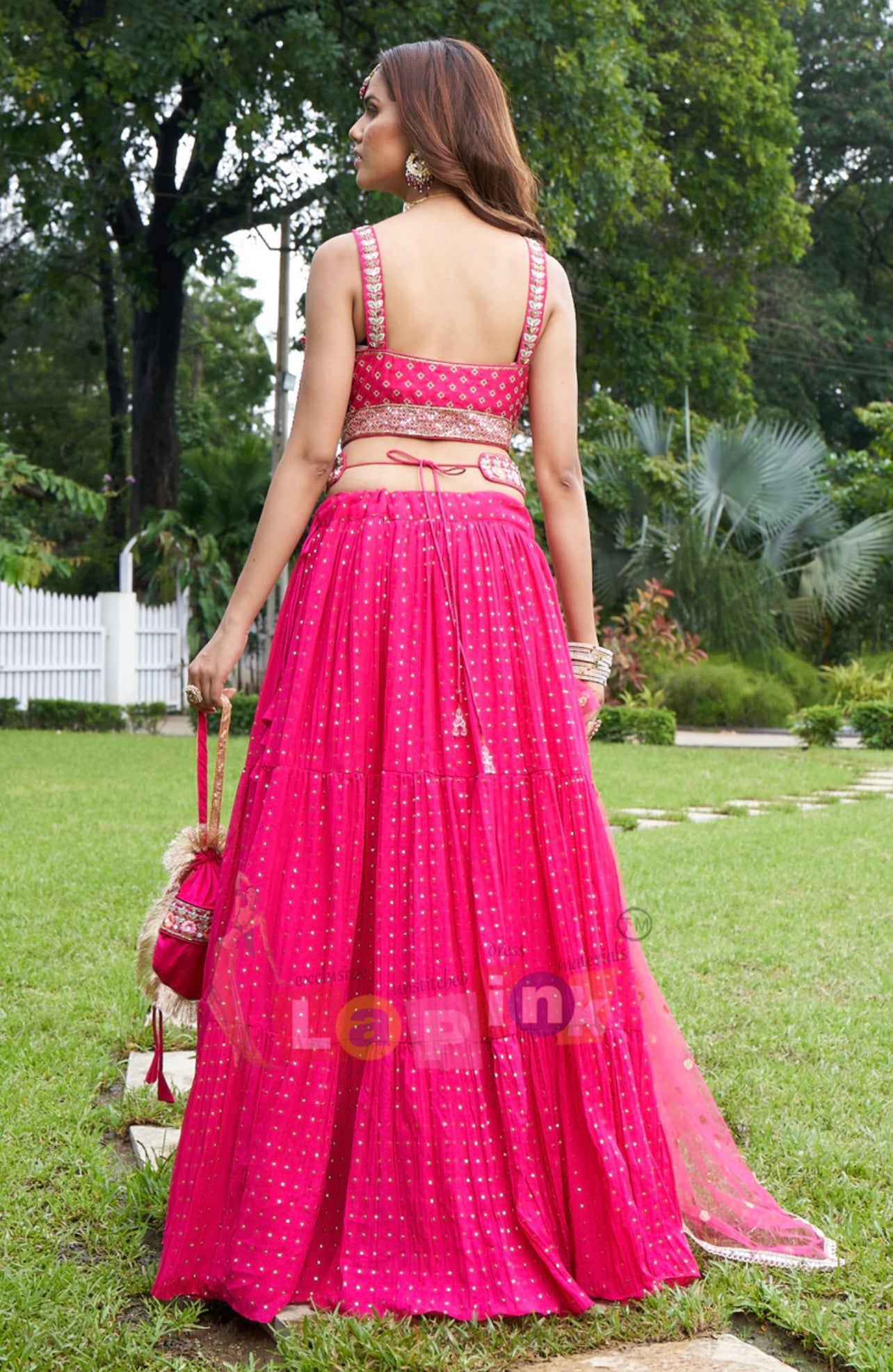 Rose pink Double layered skirt with crop top and Dupatta. – Sionnah