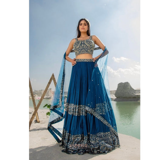 Teal blue Heavy mirror work Lehenga choli