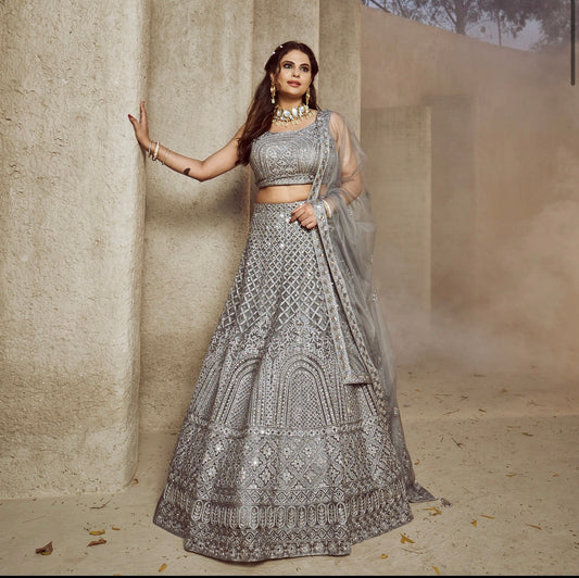 Grey Heavy sequin and mirror lehenga