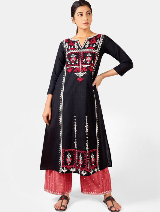 Black and Red Premium cotton heavy embroidered kurta set