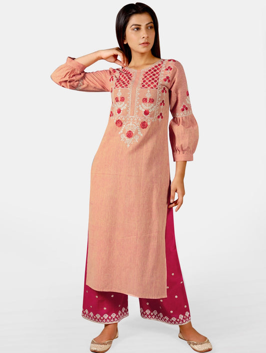 Pink and Red Premium cotton Heavy embroidered kurta set