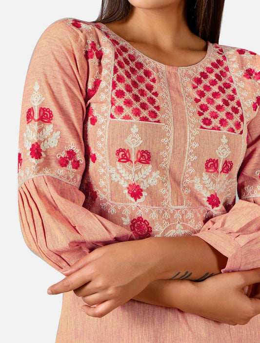 Pink and Red Premium cotton Heavy embroidered kurta set