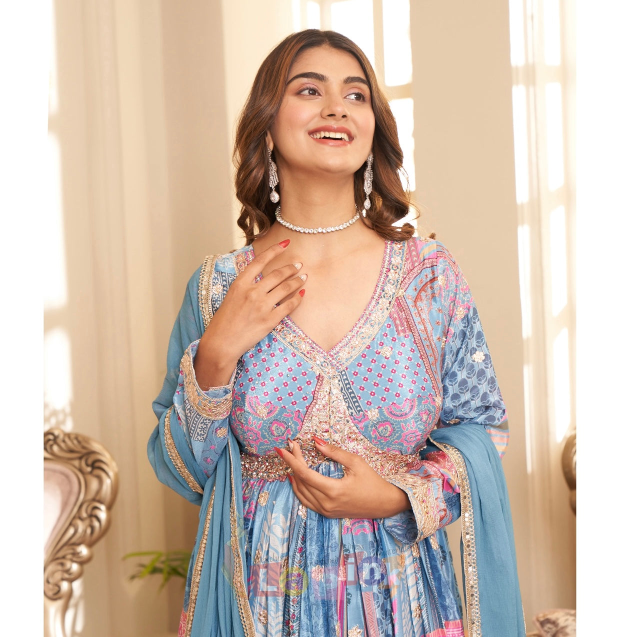 Sky Blue elegant Alia cut Long Gown Indi Ethnics Sky Blue elegant Alia cut Long Gown Indi Ethnics