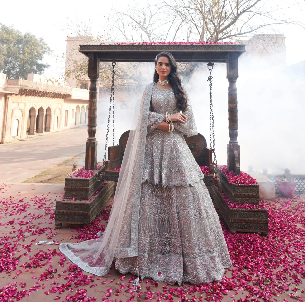 Grey and lavender Heavy embroidered partywear Sharara set