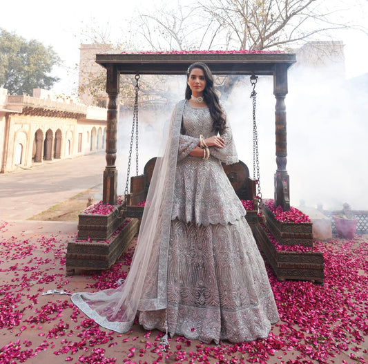 Grey and lavender Heavy embroidered partywear Sharara set