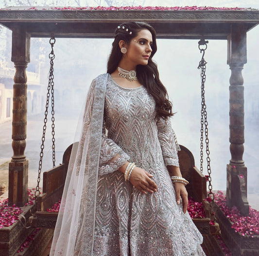 Grey and lavender Heavy embroidered partywear Sharara set