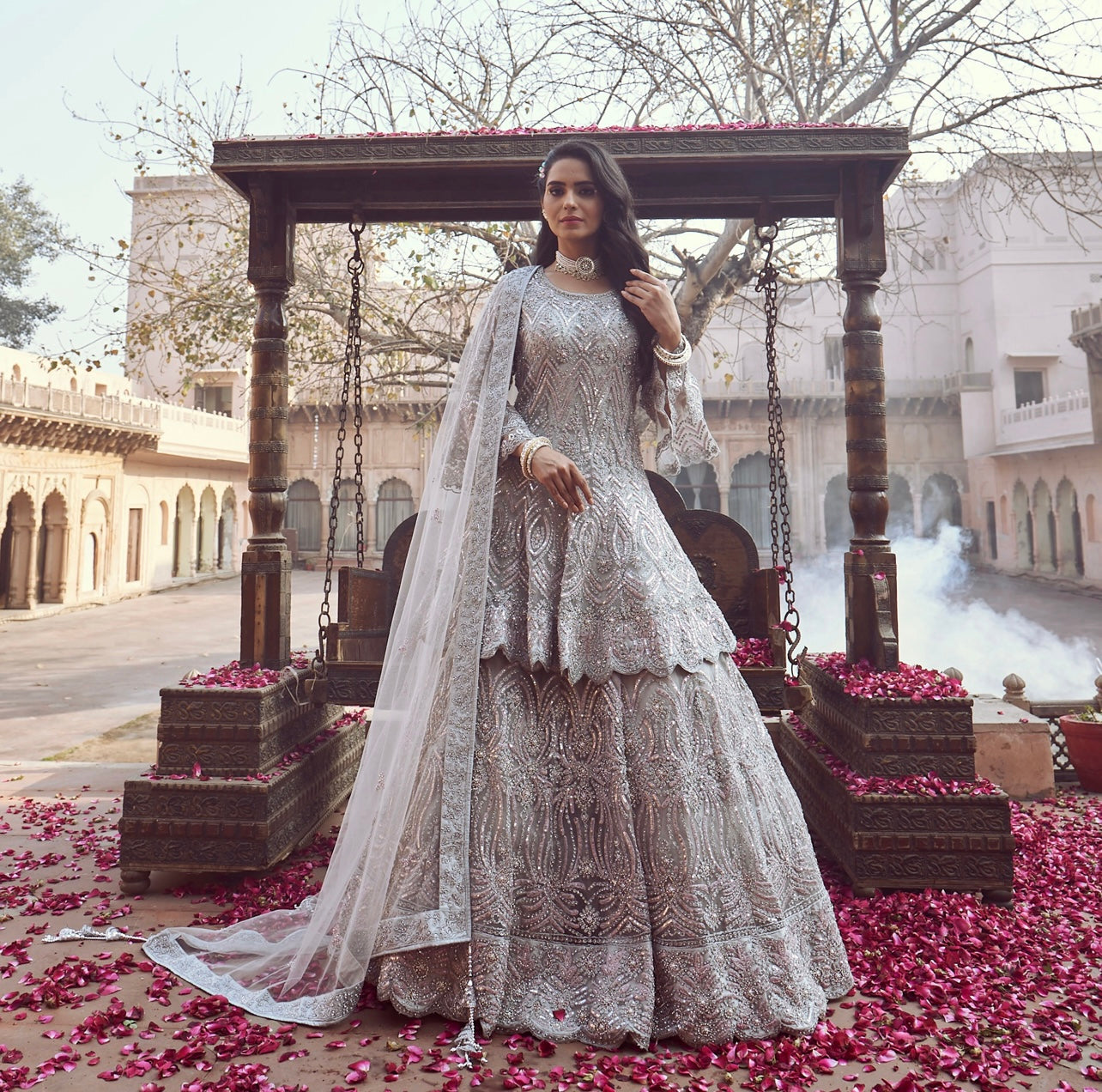 Grey and lavender Heavy embroidered partywear Sharara set