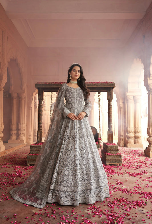 Grey Heavy embellished partywear Gown