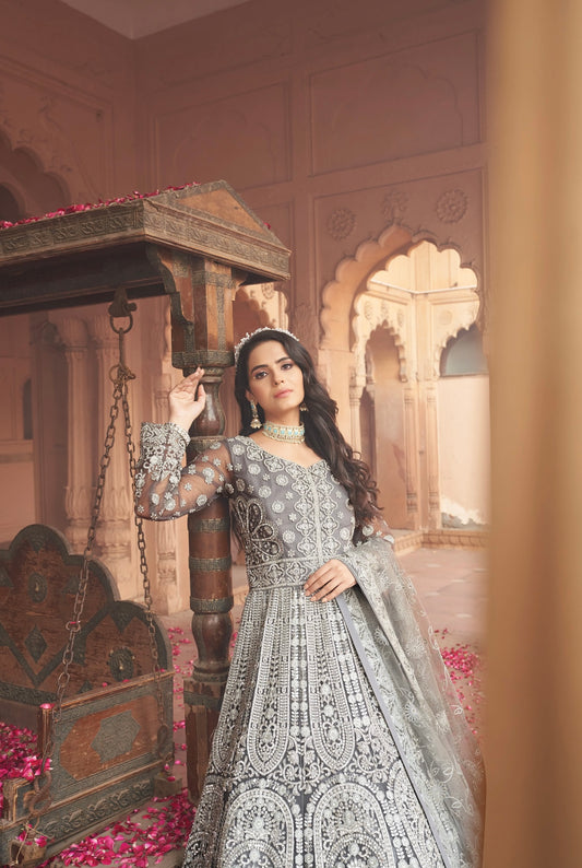 Grey Heavy embellished partywear Gown