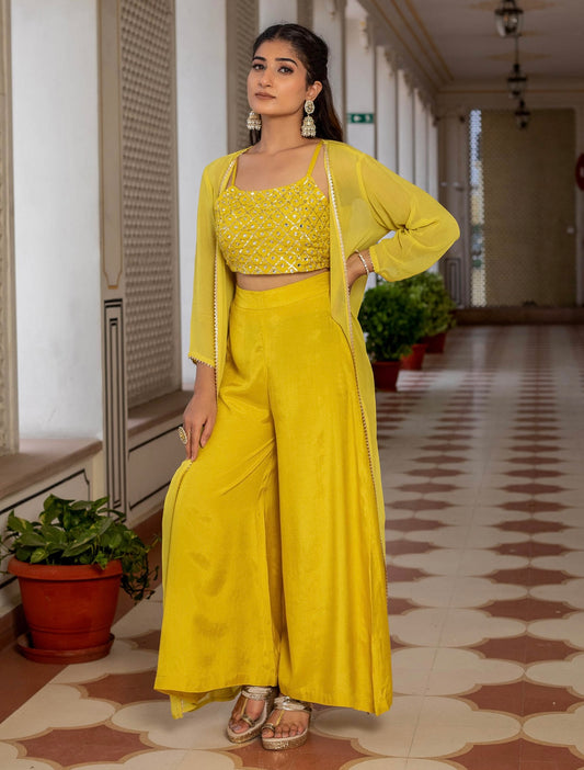 Yellow beautiful crop top palazzo and shrug set