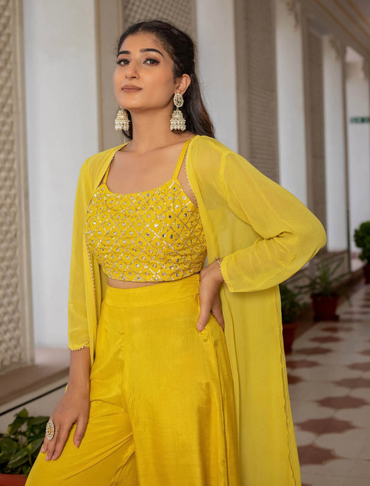 Yellow beautiful crop top palazzo and shrug set